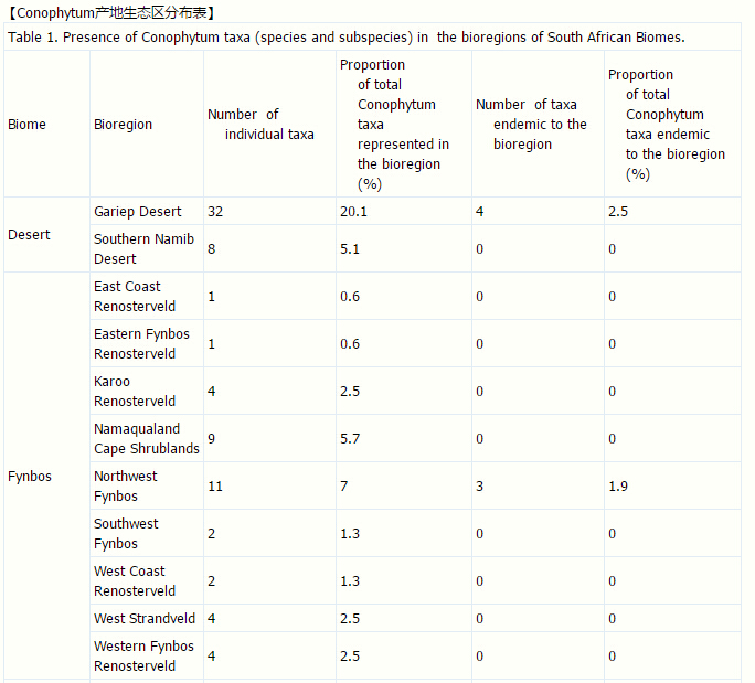 肉锥Conophytum产地生态区分布表