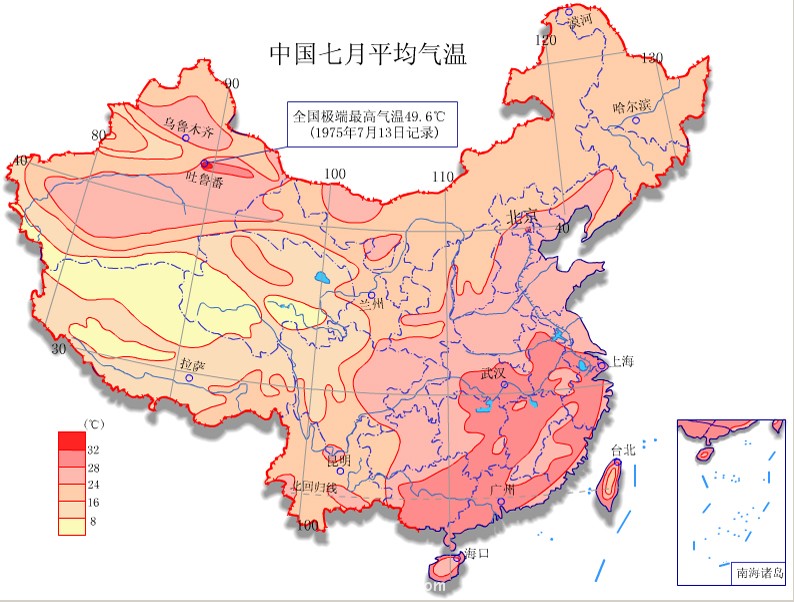 中国七月平均气温图图片