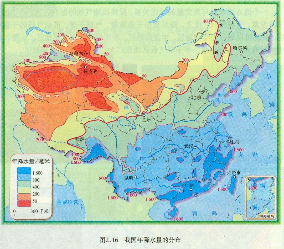 中国年降水量分布图
