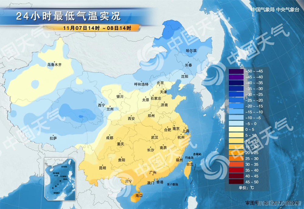 立冬 中国最低气温分布图